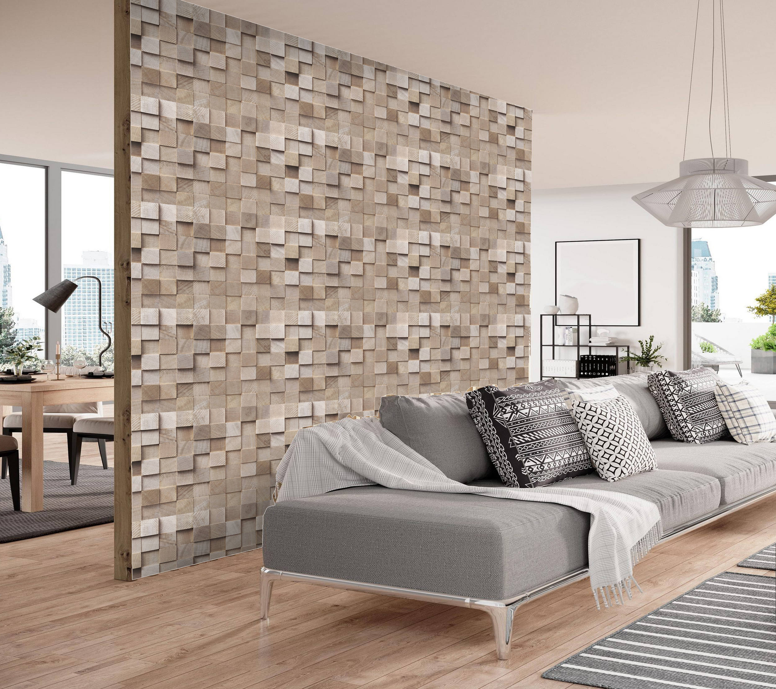 Wohnzimmer mit grauem Sofa und moderner Akzentwand aus 3D-Wandpaneelen in heller Holzoptik mit quadratischem Reliefmuster