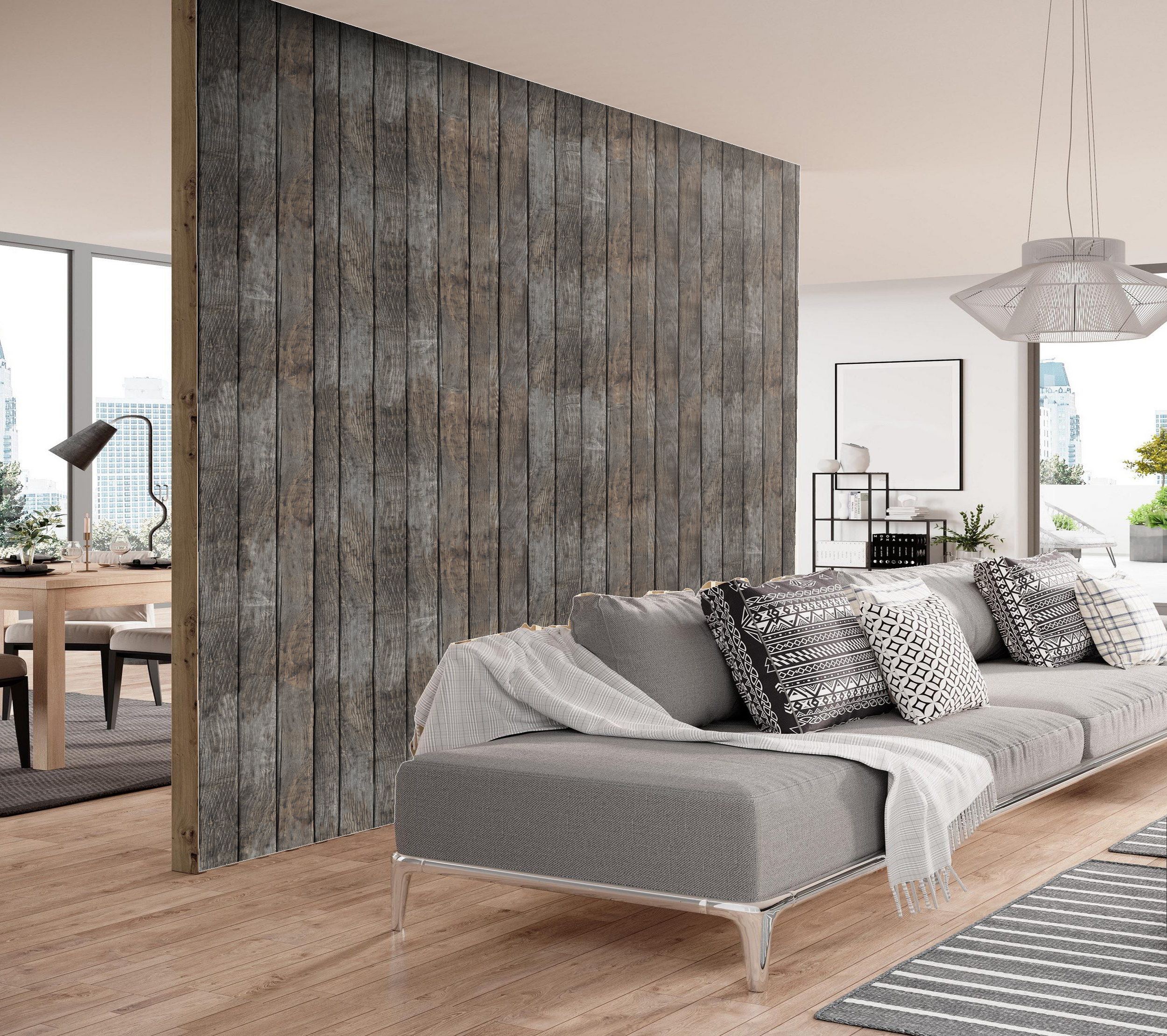 Moderne Wohnwand mit grauer Holzpaneel-Optik als stilvolle Wandverkleidung im Wohnzimmer hinter Sofa