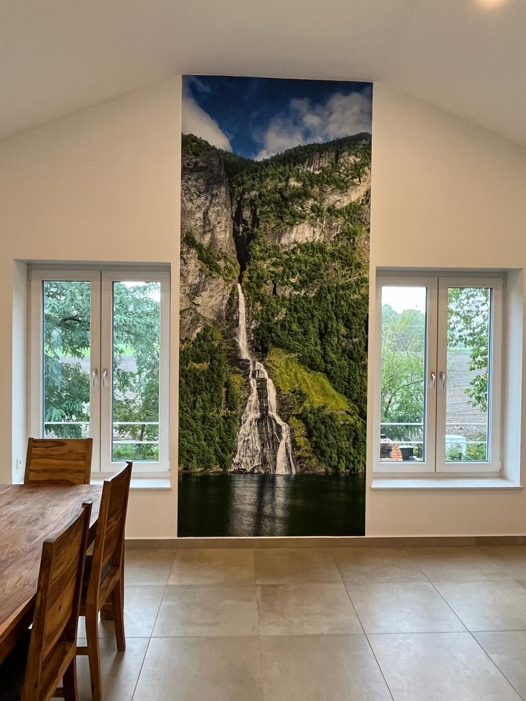 Wandbild, Wasserfall, Felswand, Grünwald, Raumdekoration