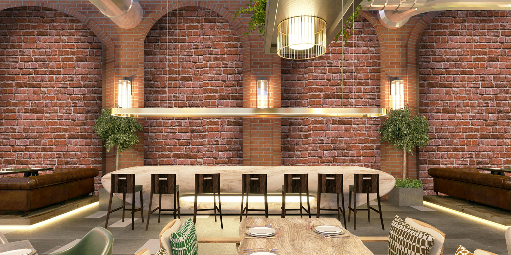 Atmosphärische Bar mit Akustikvlies-Wand in Backstein-Optik