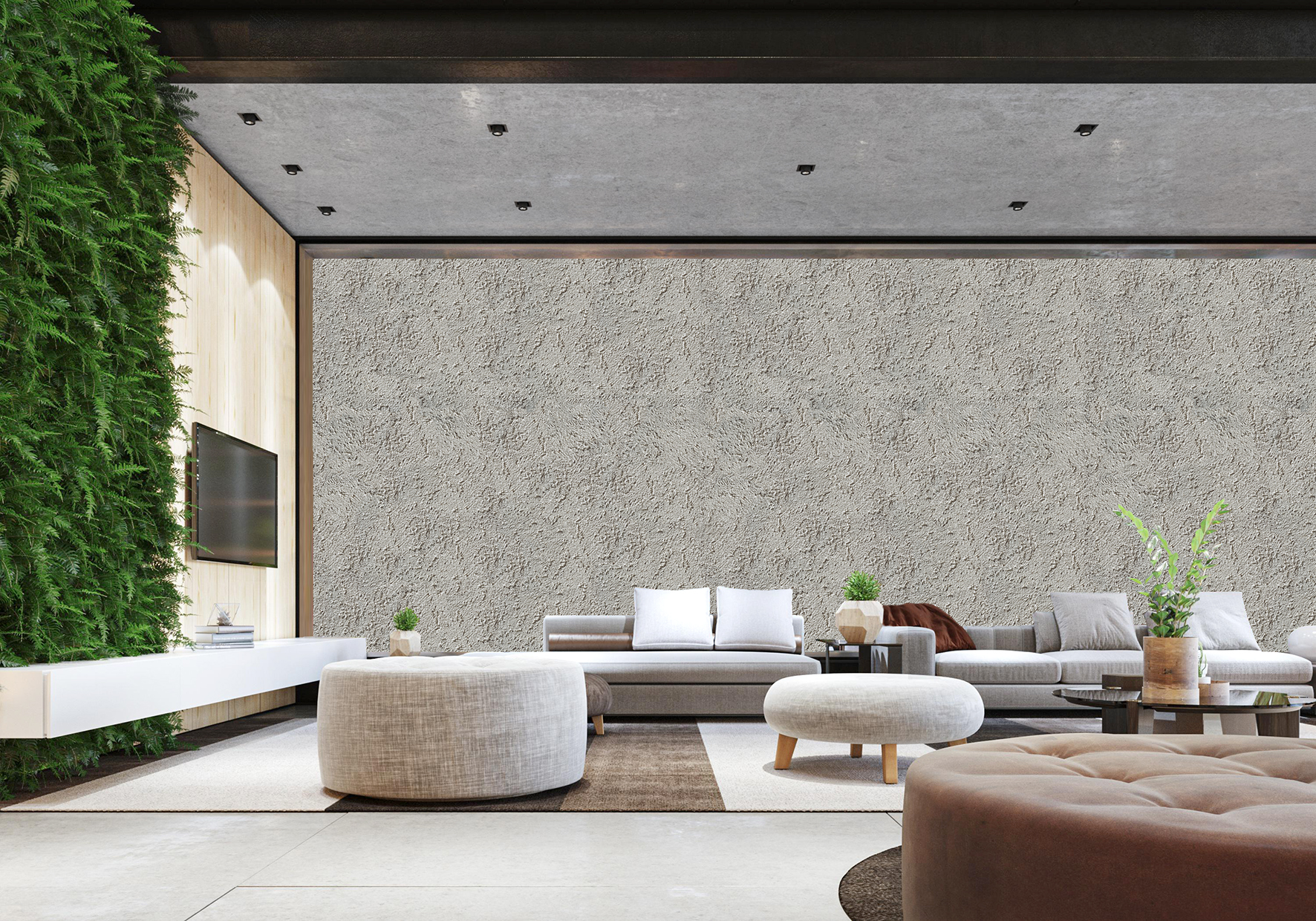Graue Struktur-Tapete als moderne Akzentwand in einem hellen Loft-Wohnzimmer mit Sofa, Pflanzenwand und stilvollen Möbeln