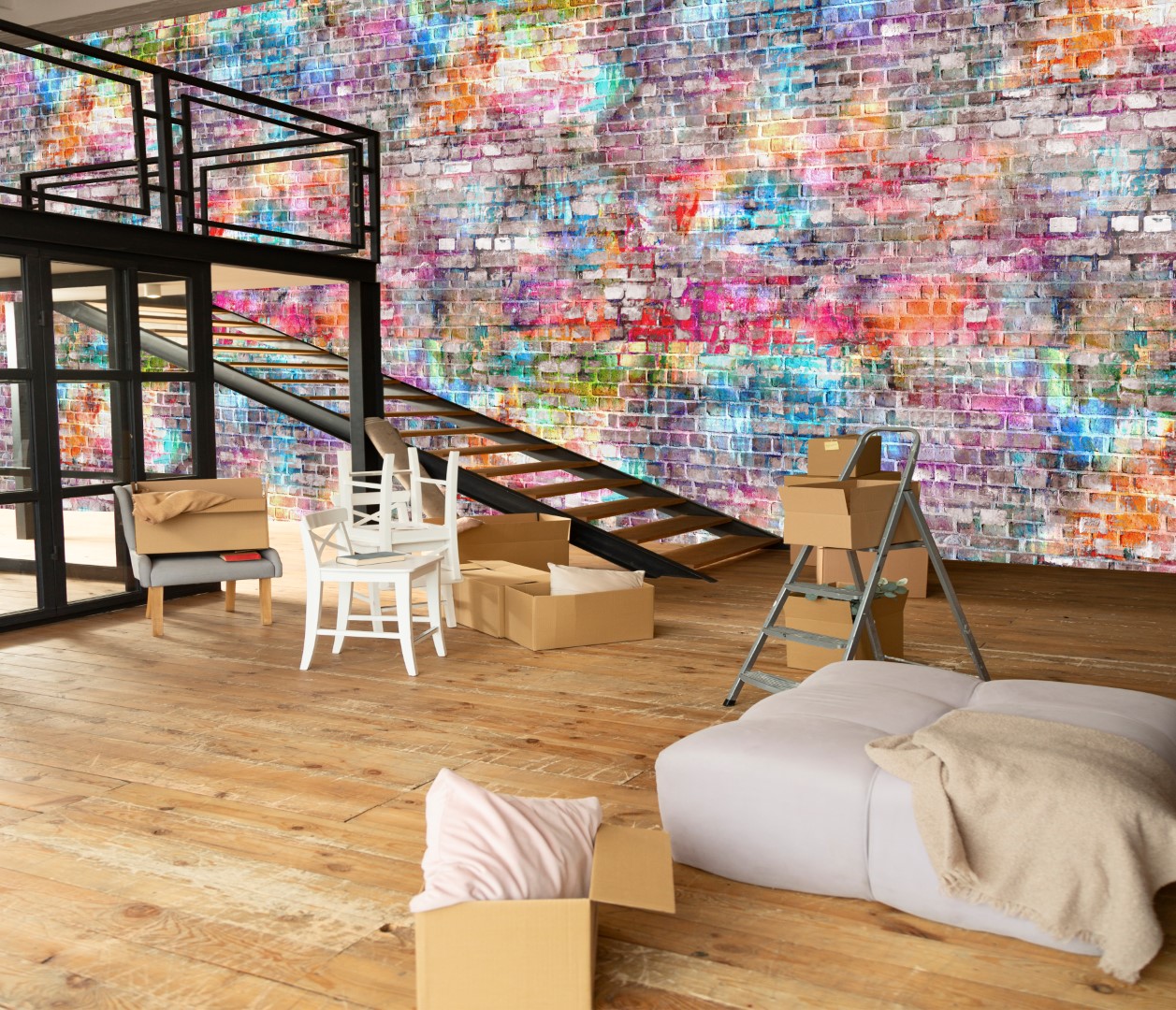 Bunte Backsteinwand als Fototapete in modernem Loft-Wohnzimmer mit Umzugskartons, Leiter, Möbeln und Holzboden