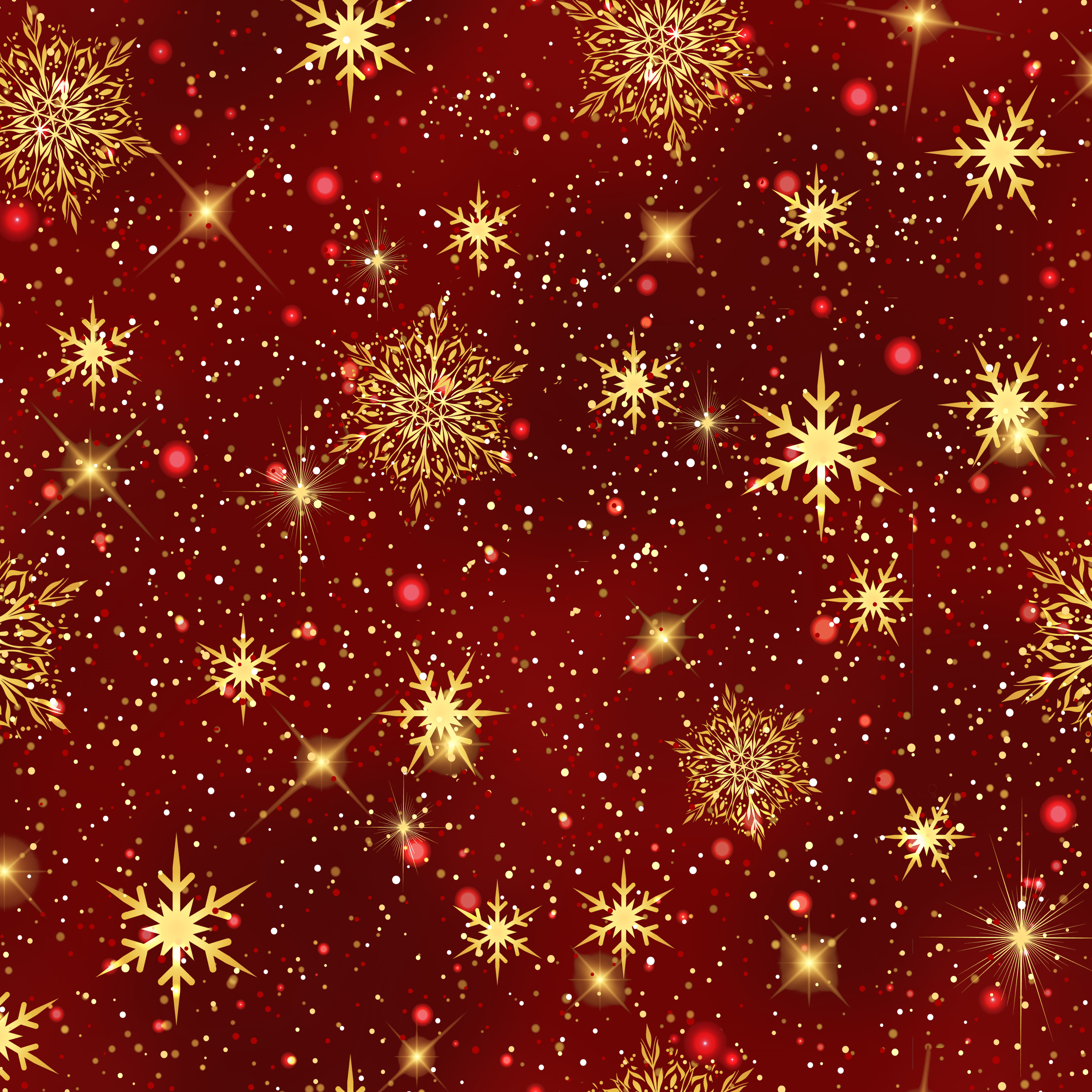 Rotes Weihnachtsdesign mit goldenen Schneeflocken, Sternen und funkelnden Punkten als festliches Muster für Dekoration, Geschenkpapier oder saisonale Produkte