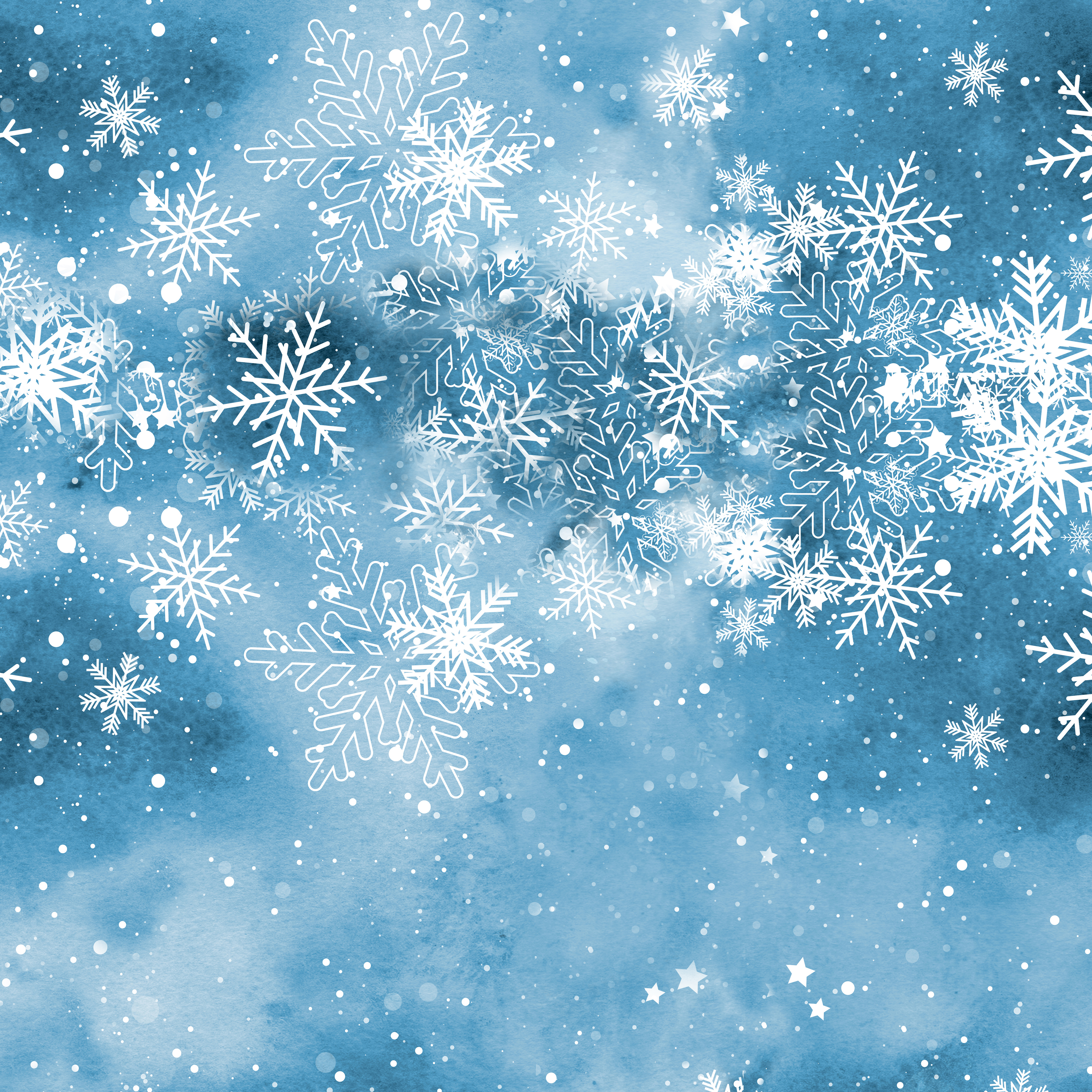 Blauer Winterhintergrund mit weißen Schneeflocken, Schneepunkten und Sternen als dekoratives Motiv für saisonale Produkte und Weihnachtsdesigns