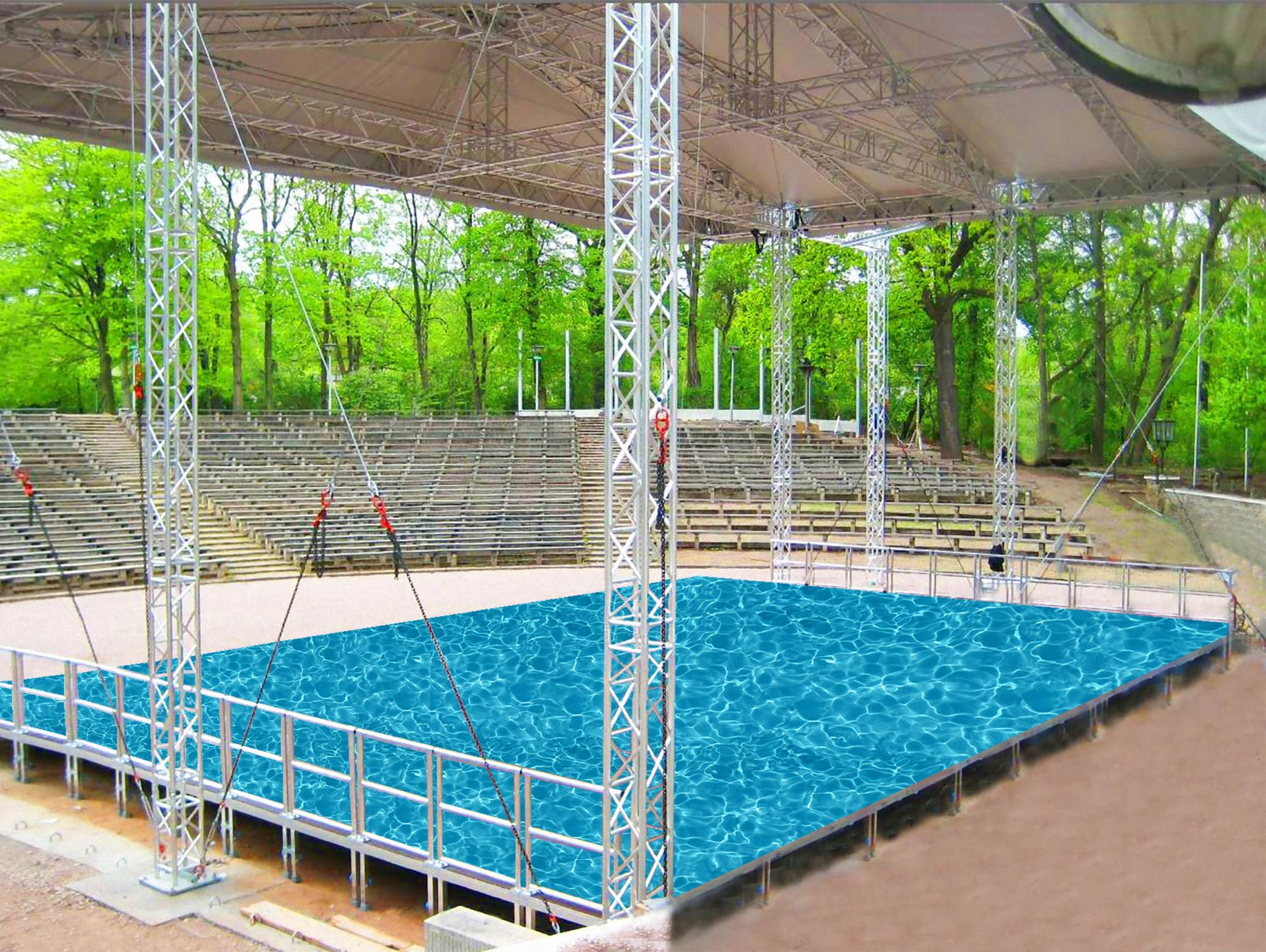 Überdachte Outdoor-Bühne mit blauem Wasseroptik-Boden, Traversen und Sitzreihen – ideal für Events, Shows und temporäre Bühnenlösungen